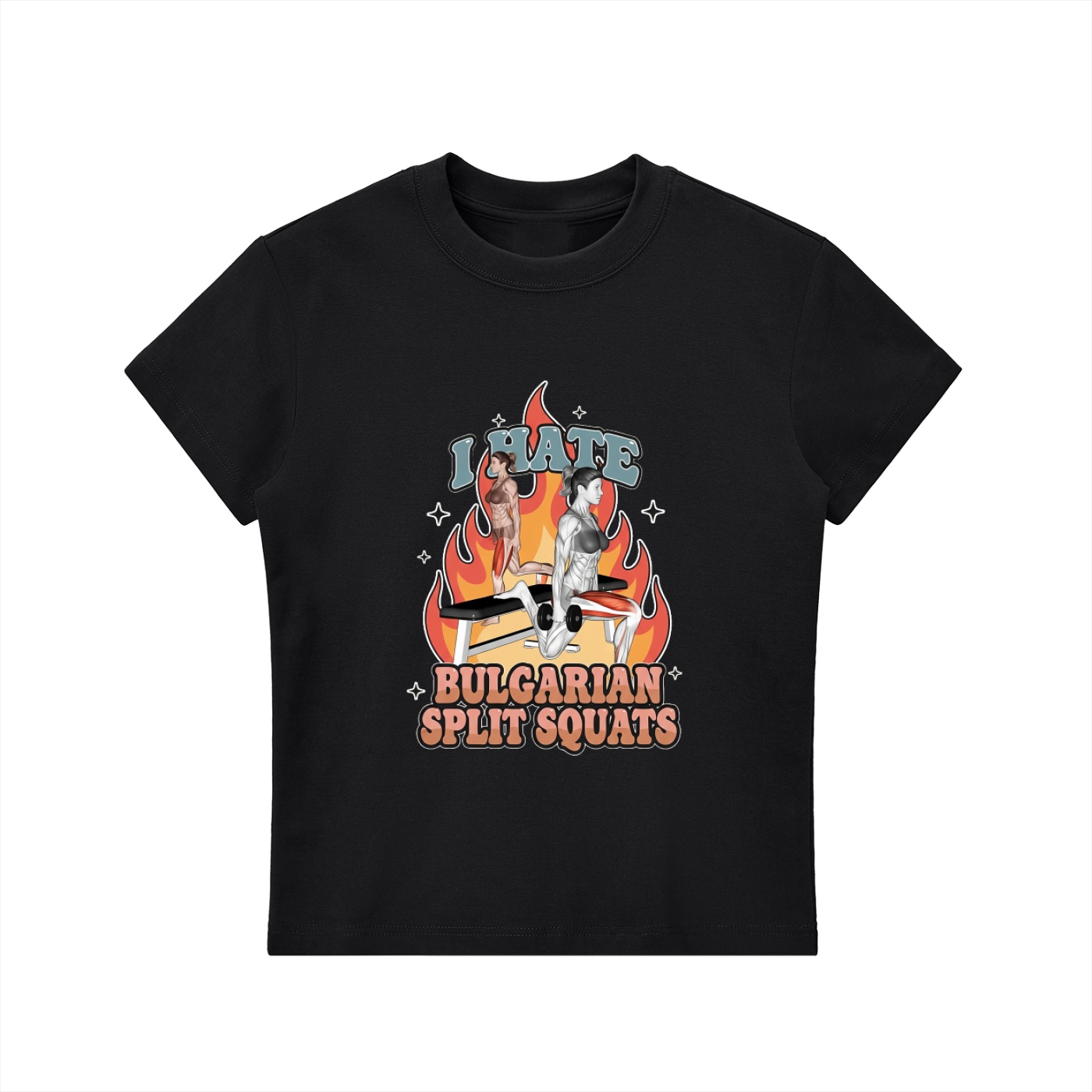 https://ajmall-vc-public-bucket.oss-us-west-1.aliyuncs.com/hugepod/material/custom_printing/9d08b6dd9a7848d392c0d212a633d460.png I Hate Bulgarian Split Squats Bodycon T-shirt - Image 1