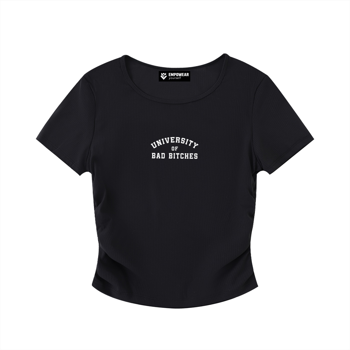 https://ajmall-vc-public-bucket.oss-us-west-1.aliyuncs.com/hugepod/material/custom_printing/9cb610cfe1664136a169e776b4187aba.png University of Bad Bitches Ruched T-shirt - Image 1