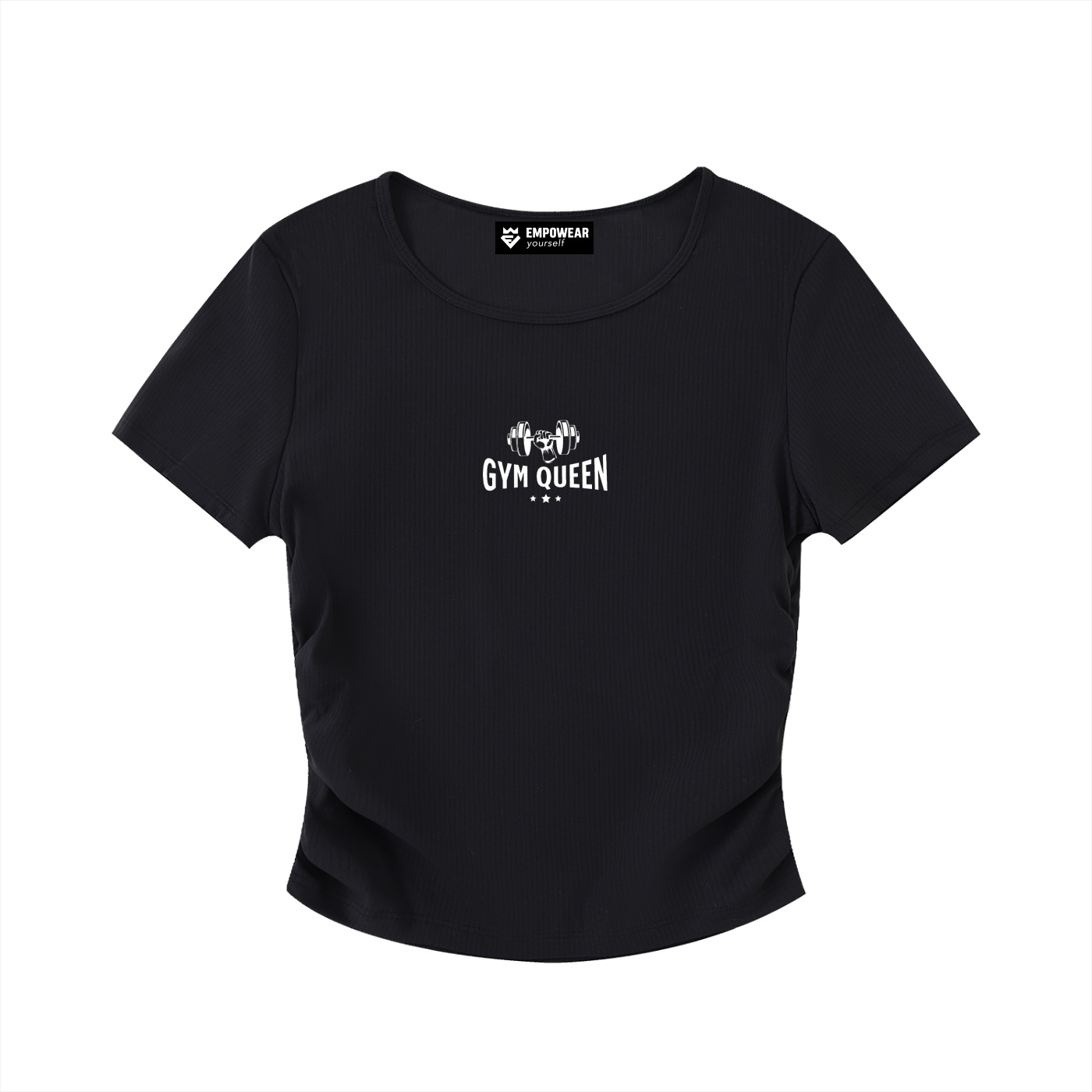 https://ajmall-vc-public-bucket.oss-us-west-1.aliyuncs.com/hugepod/material/custom_printing/9ef6930fac624f1f822c9a53623a210f.png Gym Queen Ruched T-shirt - Image 1